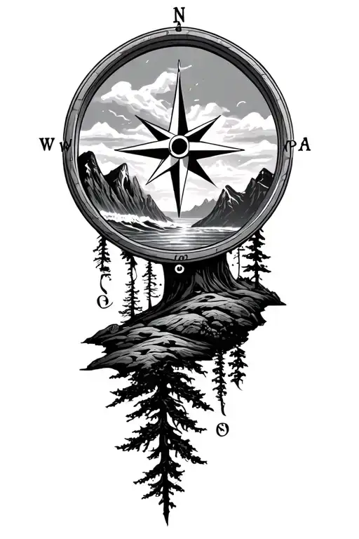 Compass Mountains Ocean Trees Adventure