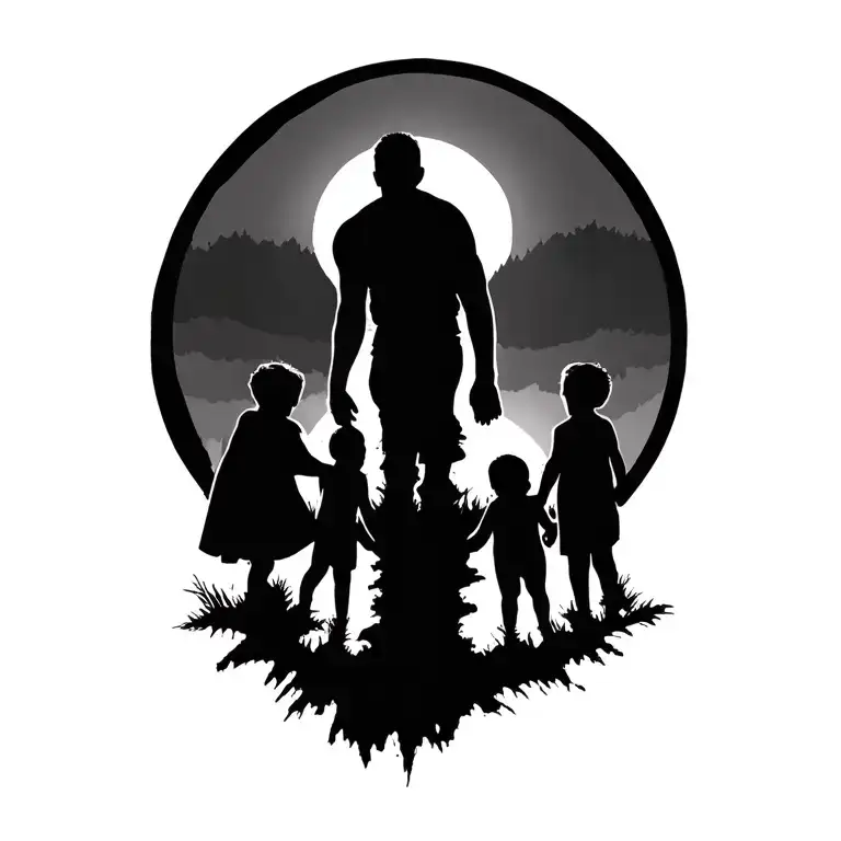 Whole Circle With The Silhouette Of A Man And Three Children All Holding Hands