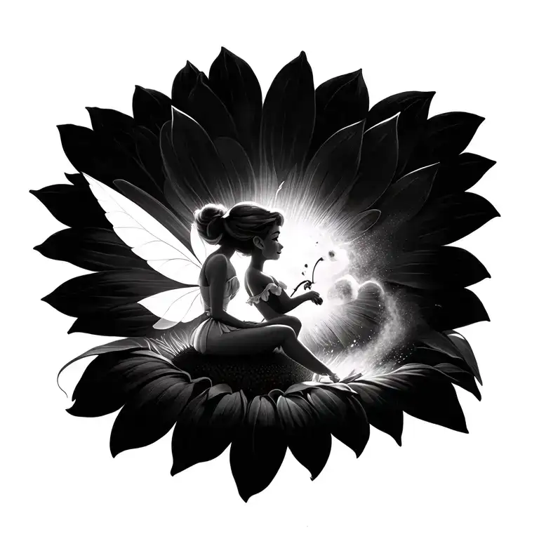 Tinker Bell Blowing Dust Sitting On Sunflower