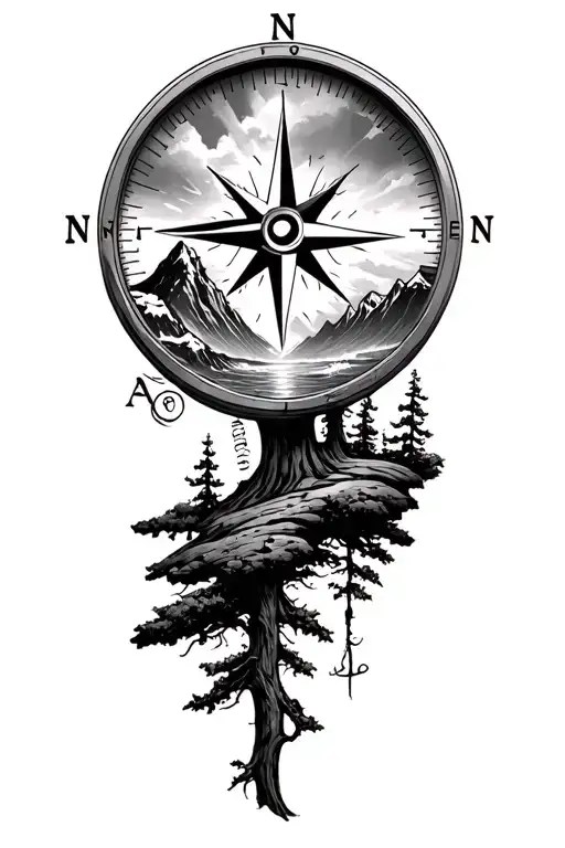 Compass Mountains Ocean Trees Adventure