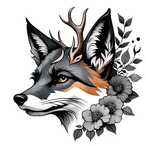 Fox Head Gothic Antlers Witchy Flowers And Leaves