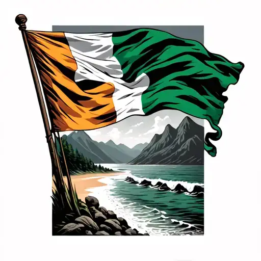 Beach With An Irish Flag Waving Fading Into Vermont Mountains