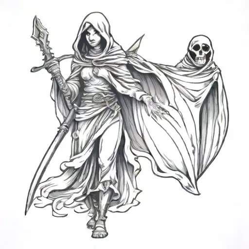 A Drawing Of A Girl And A Reaper Walking Holder Hands
