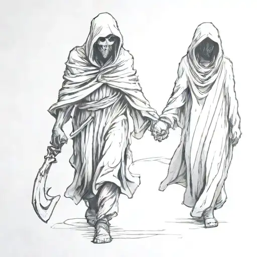 A Drawing Of A Girl And A Sad Reaper Holding Hands And Walking