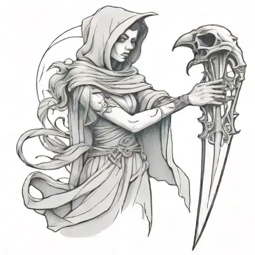 A Drawing Of A Girl Holding A Reaper By The Hand
