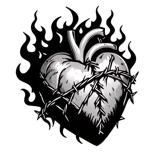Sacred Heart With Barbed Wire Wrapped Around It And Flames Coming Out Of The Top