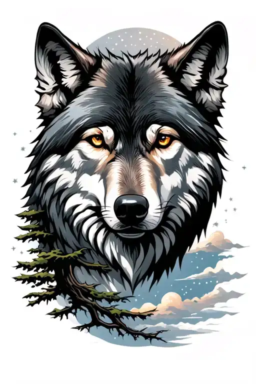 Wolf With Tree And Sky Filled With Stars