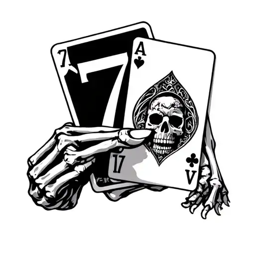 Skeleton Hand Holding A 7 And A 4 Card