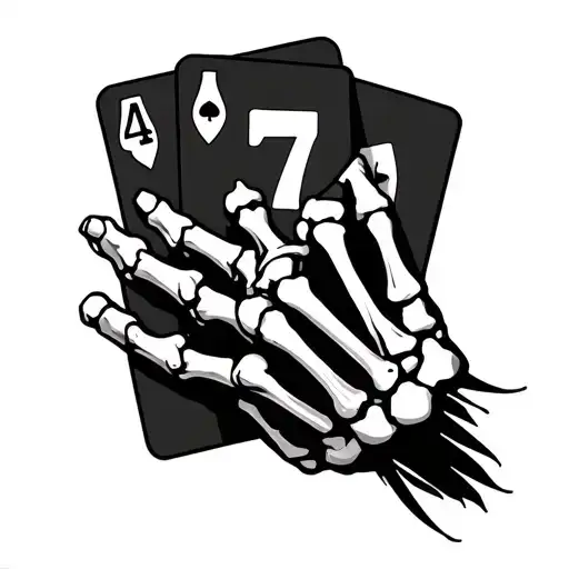 Skeleton Hand Holding A 7 And A 4 Card