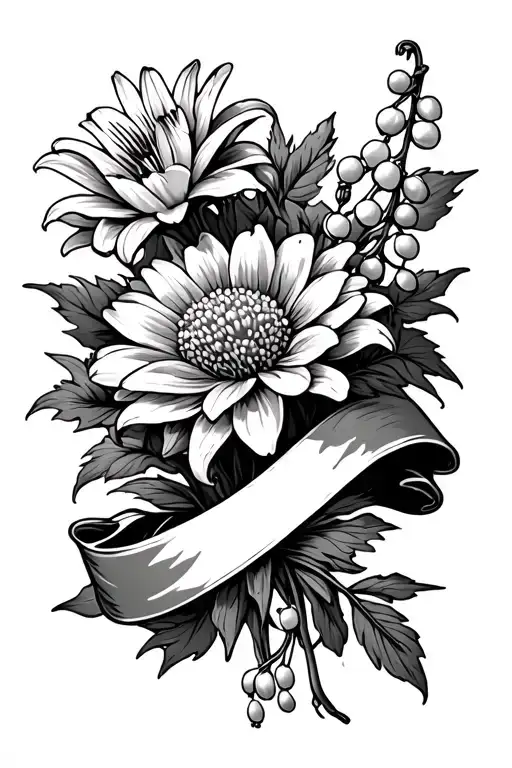 Chrysanthemum And Lily Of The Valley Intertwined With A Banner