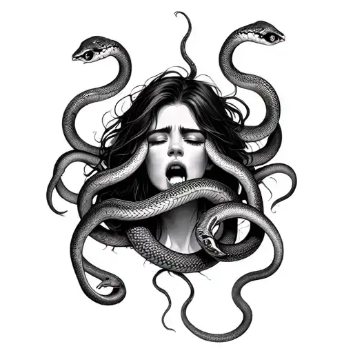 Female Crying Surrounded By Snakes Wrapped