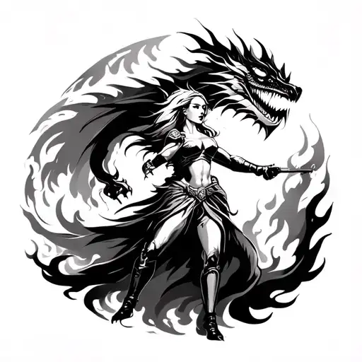 Female Warrior Shooting For The Sun And A Dragon On Fire Flames