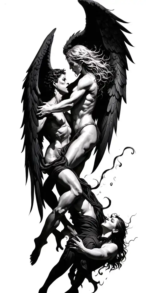Angels And Demons Fighting Through Pain To Kill Each Other With Lost Souls In The Background