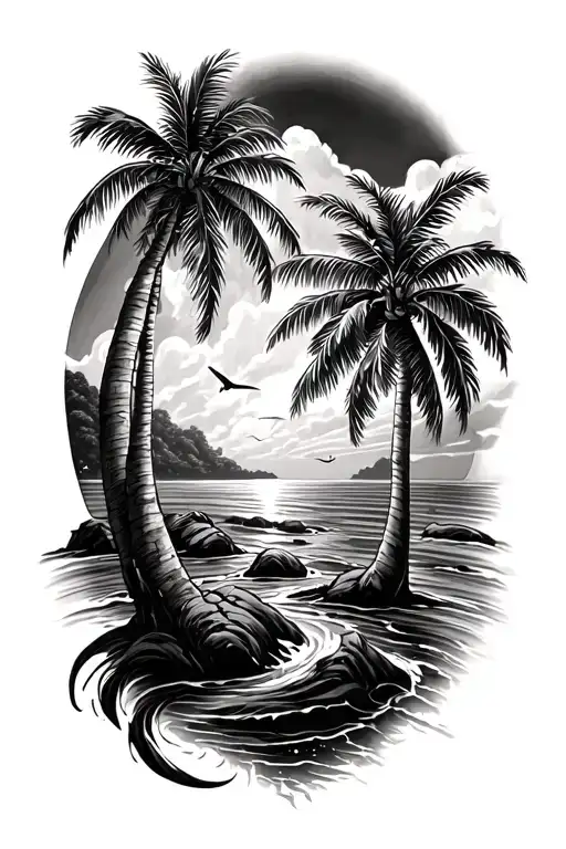 Palmtrees On An Island With Tradewinds Flowing Th Middle Highly Detailed