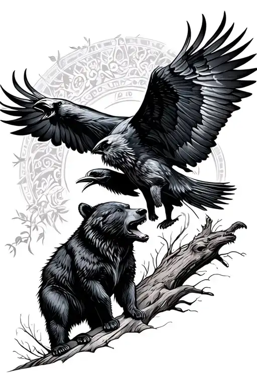 Raven Flying And Wolf Howling And Bear Standing