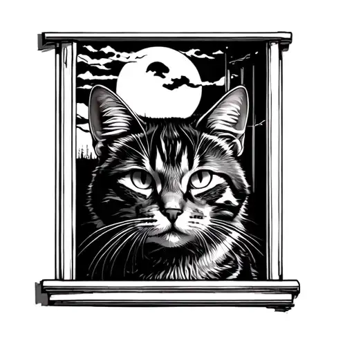 Cat In Front Of A Window With A Moon Outside