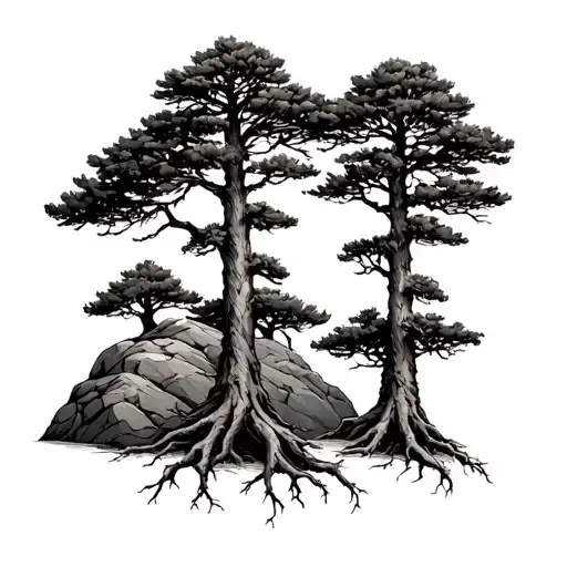 3 Cypress Trees Side By Side With Their Roots Attached To The Rock