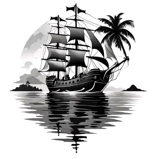 Island Sunet With Pirate Ship