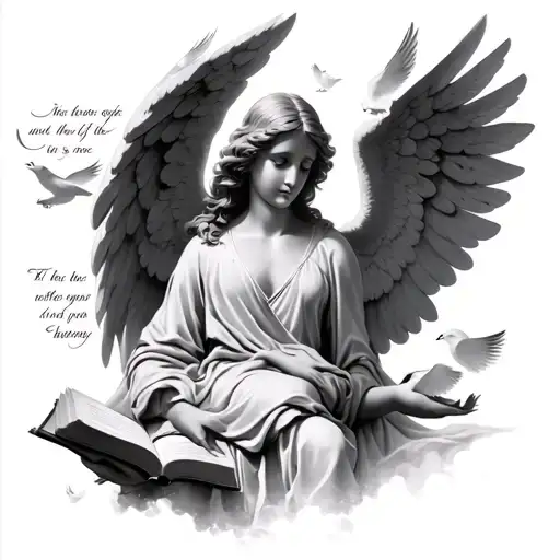 Angel Writing In A Bible Verse With Doves And A Bible Quote