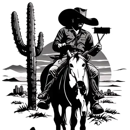 A Cowboy Riding Into A Sunset With Cactus And Mesas