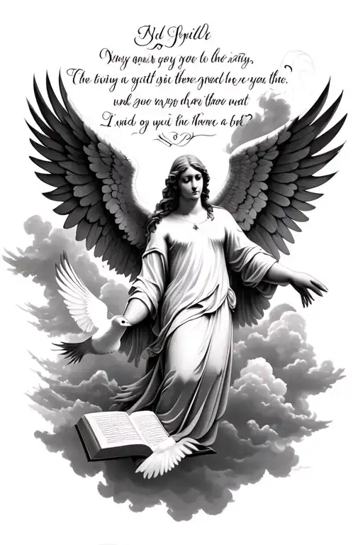 Angel Writing In A Bible Verse With Doves And A Bible Quote And Clouds In The Background