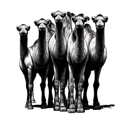 Balck And White Simple Drawing Of 5 Camels In A Row