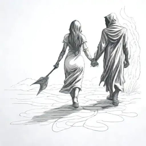 A Girl And A Shadowy Reaper Walking Holding Hands Holding Each Other