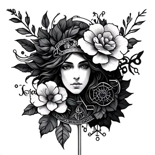 Floral Mixed With Science And Chemical Symbols And Greek Mythology Athena
