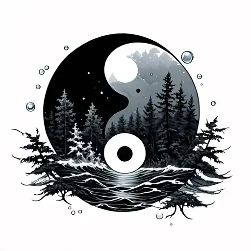 Ying And Yang Pulled Long With Forest And Sea With Air Bubbles