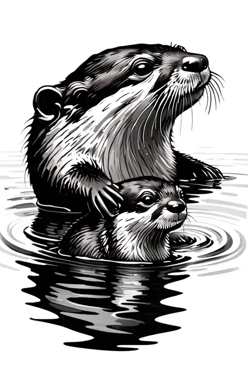 A Otter And Her Baby In The Water