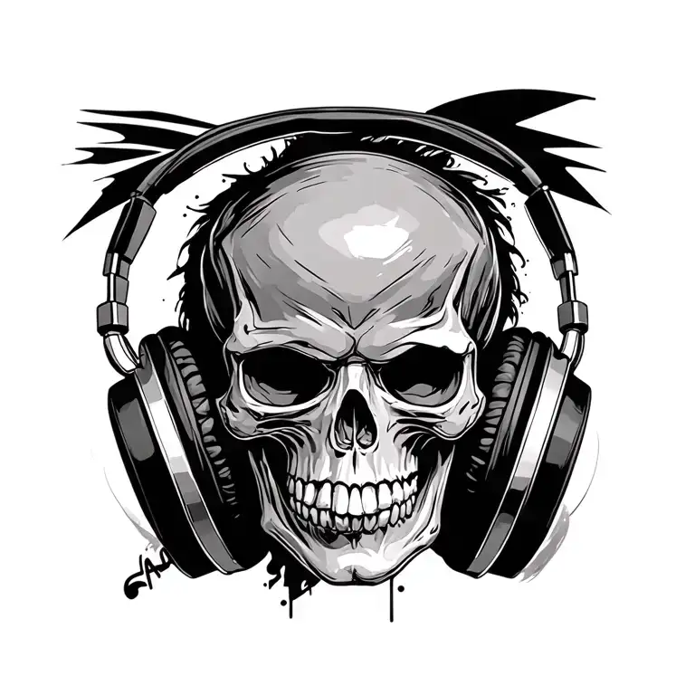 Skull And Headphones Mens Tattoo Fine Line Drawing