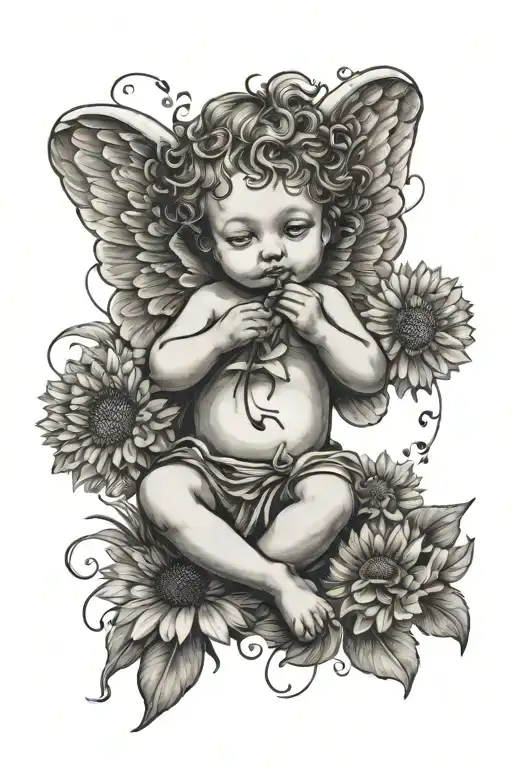 Cute Cherub Holding A Dandelion Flower And Sitting In A Field Of Flowers