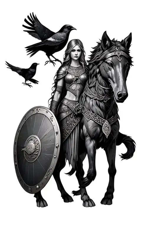 Nordic Mythology With A Shield Maiden Wolf Horse And 2 Crows
