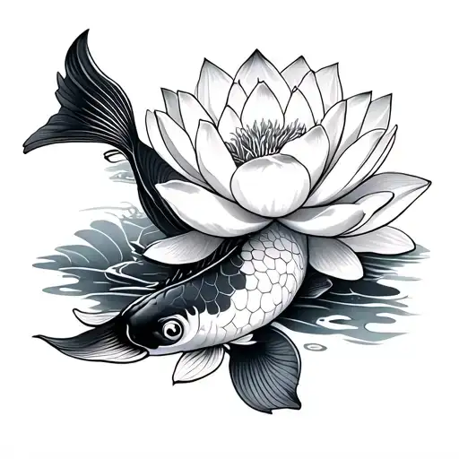 Koi Fish And Lotus Flower Blooming