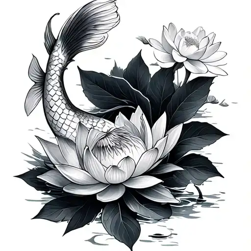 Koi Fish And Lotus Flower Blooming Cherry Blossom
