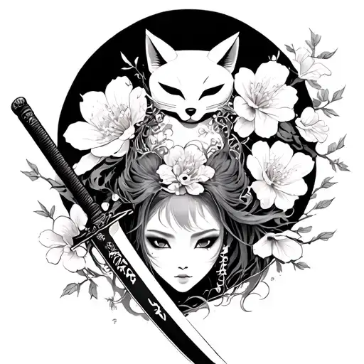 Katana Who Comes Out Of Her Sheath With Sakura Flower Around Her And Masks Kitsune On Top