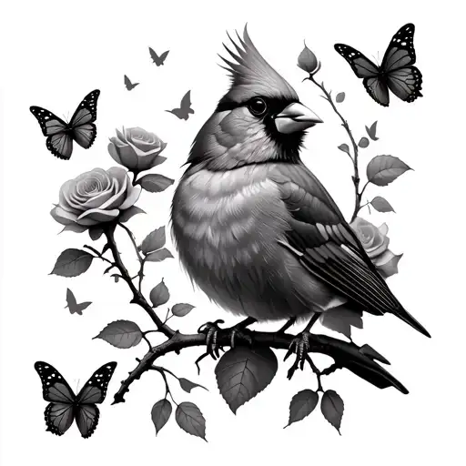 A Cardinal Sitting On A Rose Branch With Butterflies Flying Around