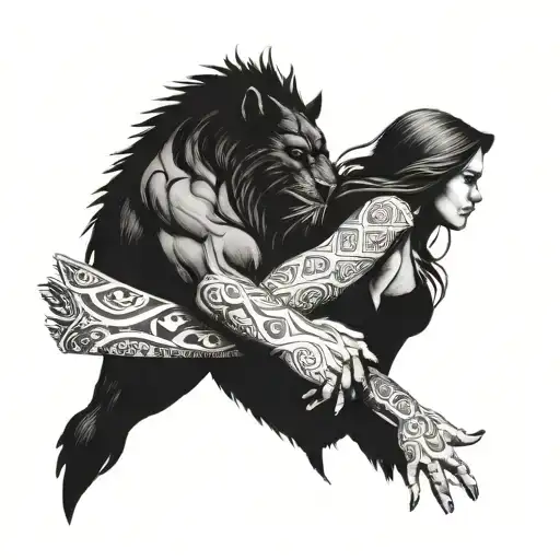 A Siloutte Of A Girl And A Beast Holding Hands Reaching