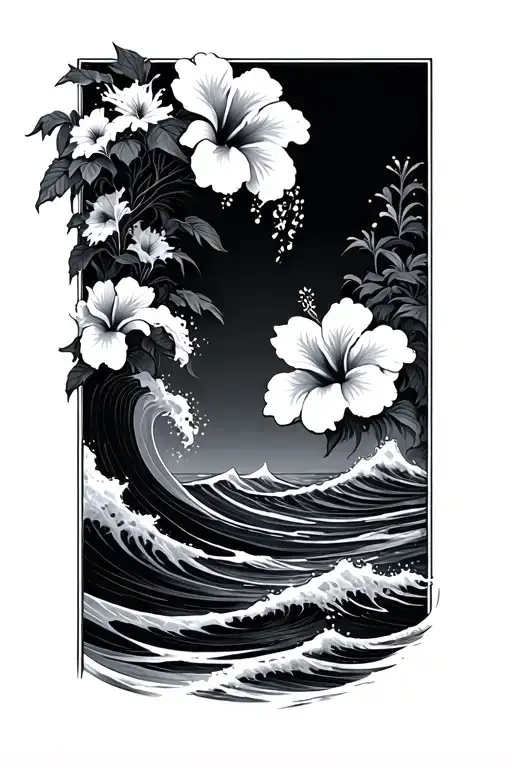 Waves Crashing With Hibiscus Flowers Growing