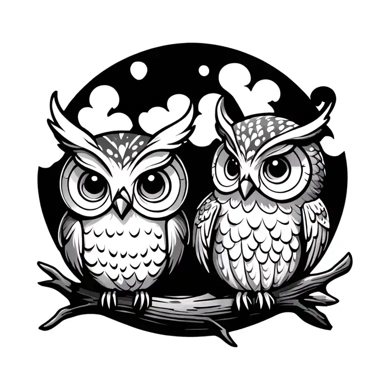 2 Cartoon Owls Sitting On A Branch 1 Big 1 Small