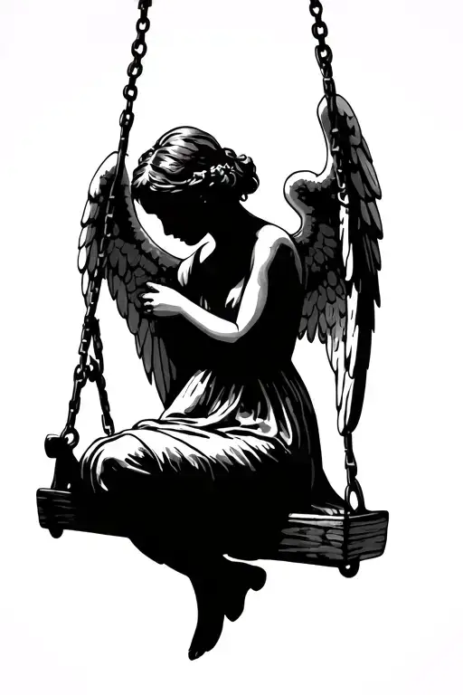 Angel Girl Sitting On Swing Hanging Head Bowed Pose With Water Colour