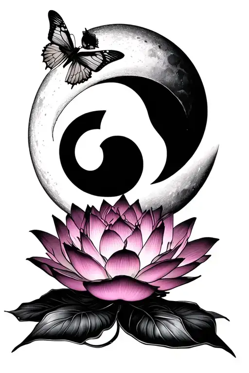 Lotus Flower Under A Moon And A Semicolon Butterfly Flying Around