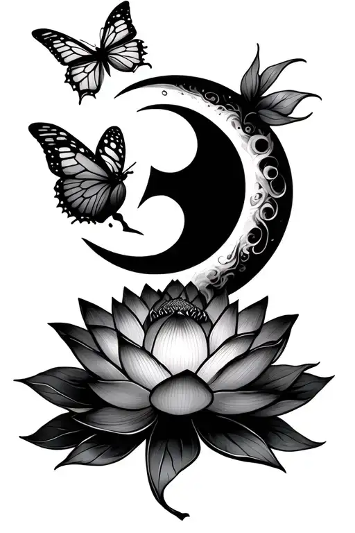 Lotus Flower Under A Moon With A Semicolon Butterfly Flying Around