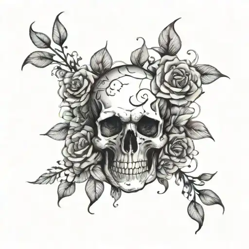 Skull And Moon With Flowers Growing