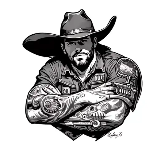 Mechanic Cowboy Half Sleeve Tattoo Featuring