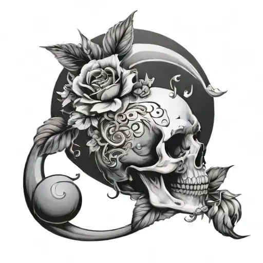 Skull Crescent Moon With Flowers Blooming