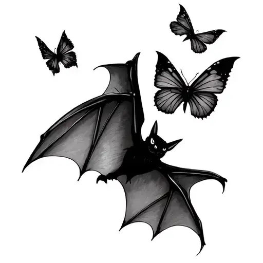 Bat And Butterflies Flying Together