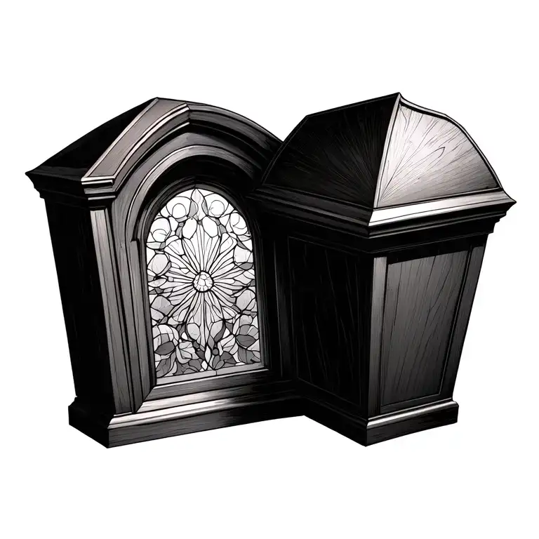 Stained Glass Window Resting On Coffin Adorned With Intricate