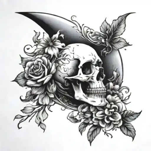 Crescent Moon With Skull And Flowers Blooming