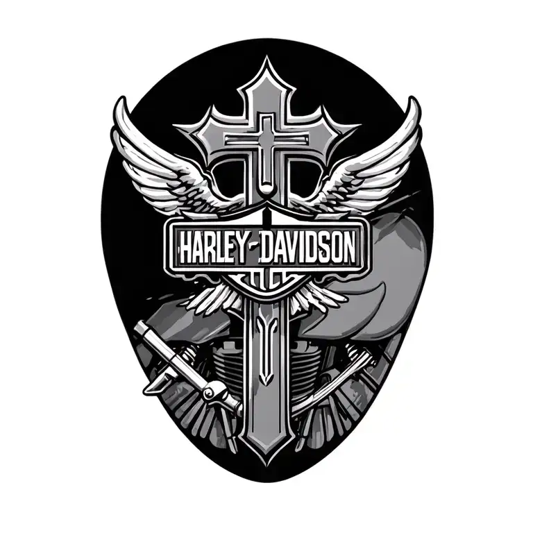 Harley Davidson Motorcycle And A Cross Tattoo Design